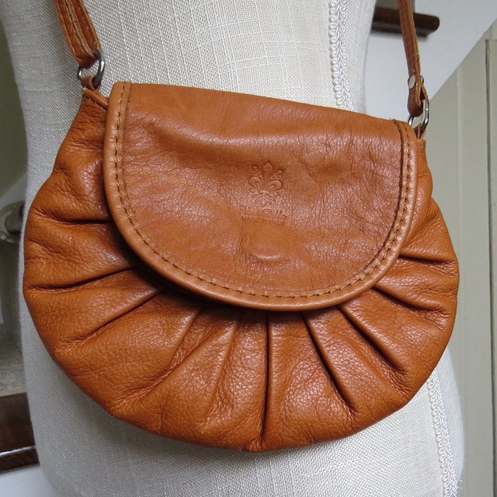 VERA PELLE Italian Leather Crossbody Bag Purse - Tan 8" x 7"